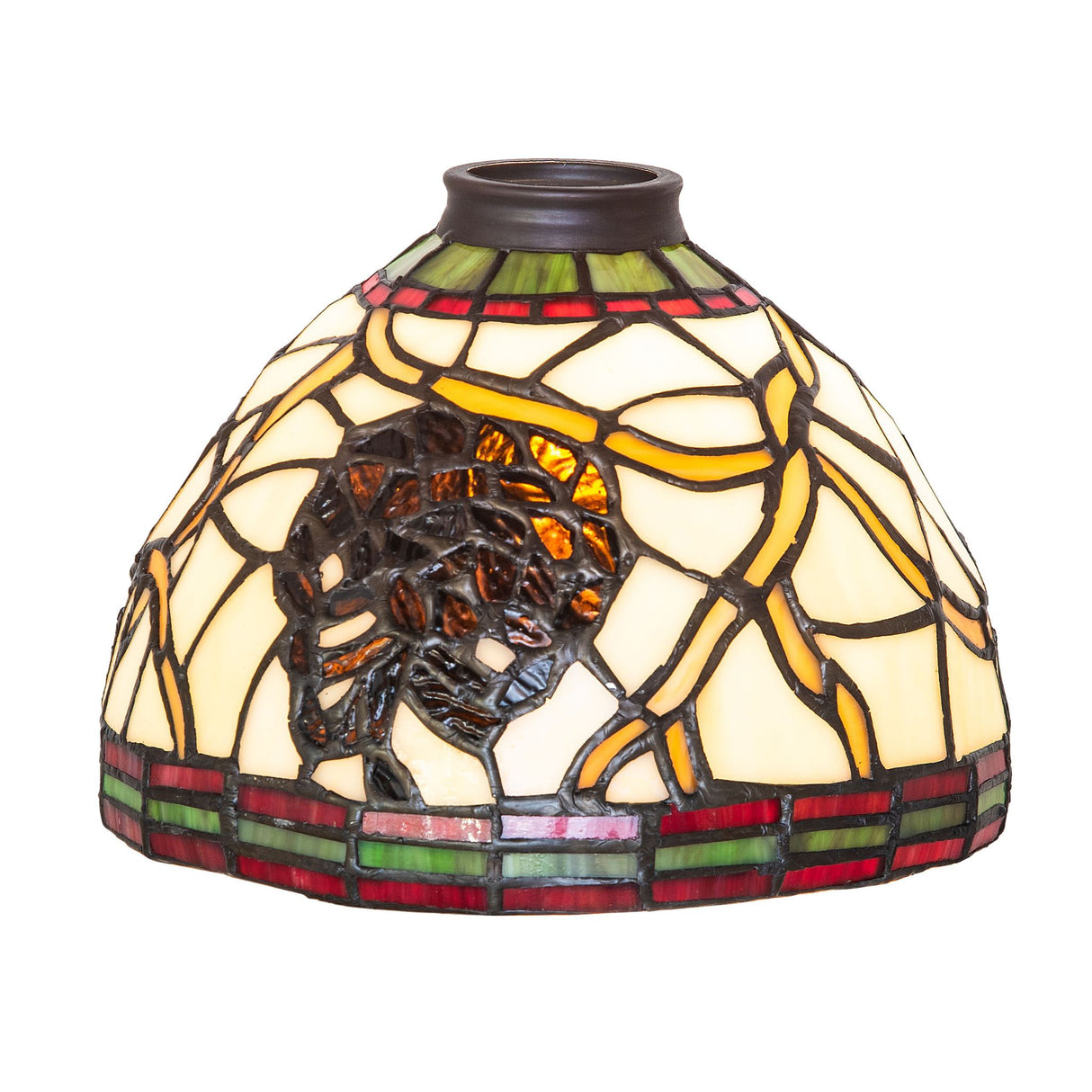 Lit view of Pinecone Shade, illuminated to showcase its intricate stained glass details.