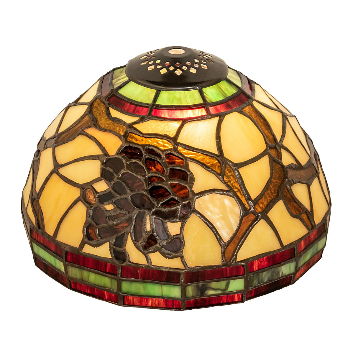 Tiffany-style stained glass shade featuring pinecone motifs, golden branches - Lit view.