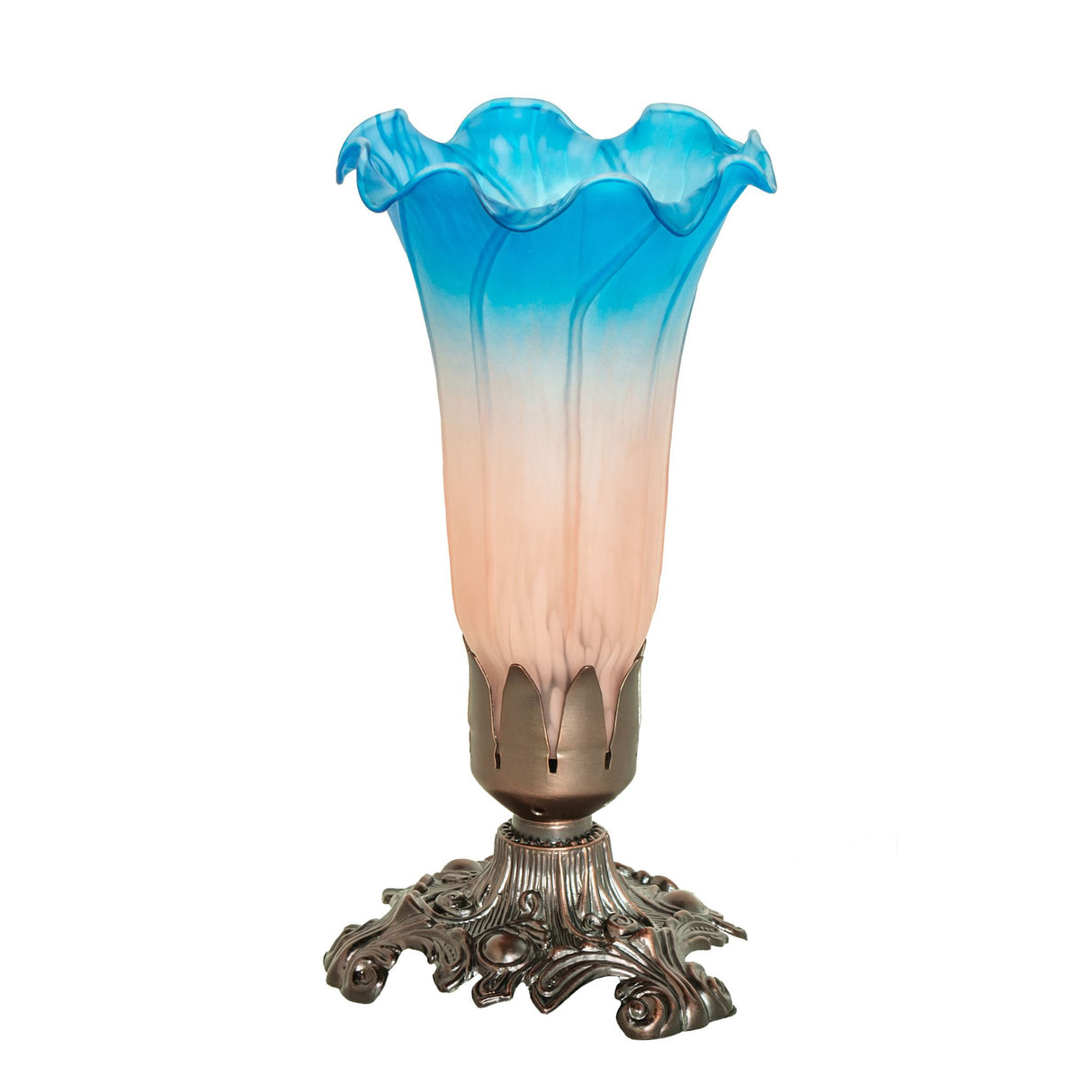 Complete view of pink and blue accent lamp with ornate base.