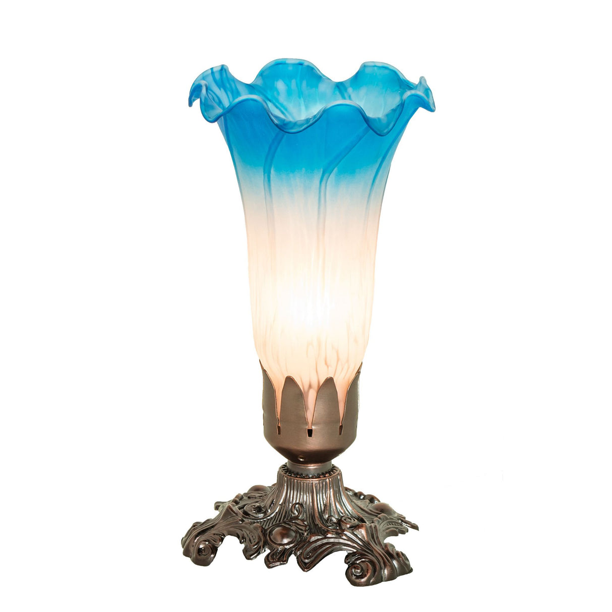 Pink and blue accent lamp illuminated, showcasing vibrant colors.