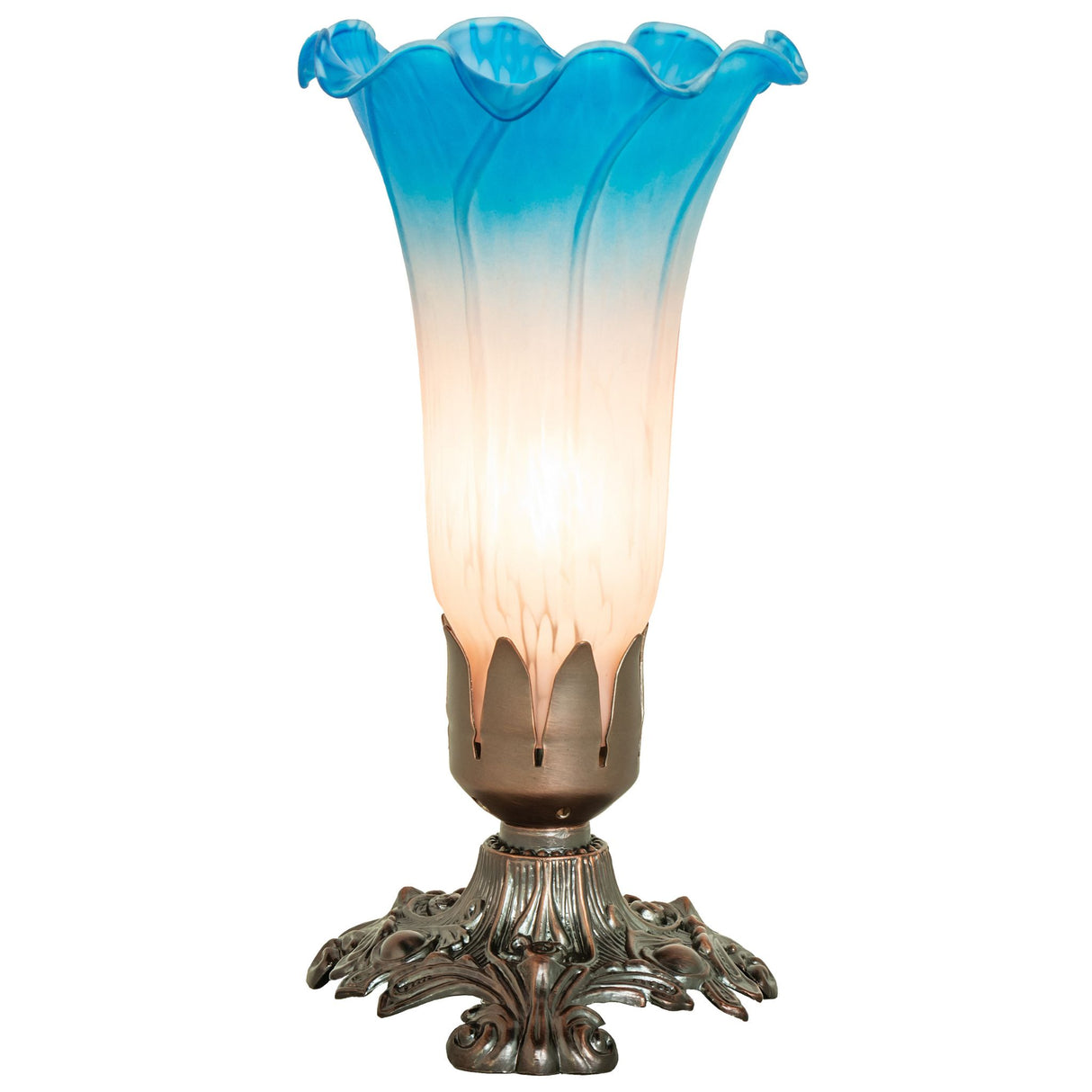 Side angle showing pink and blue glass lamp with intricate base.