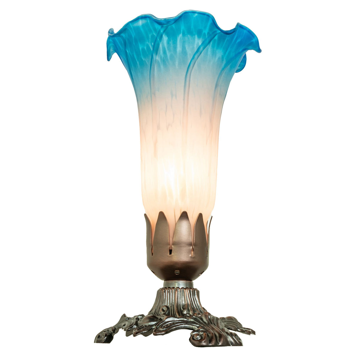 Vertical view of pink and blue accent lamp with light.