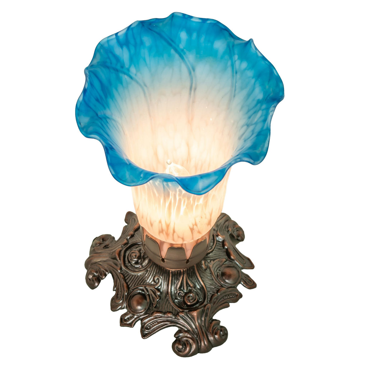 Pink and blue accent lamp illuminated from inside.