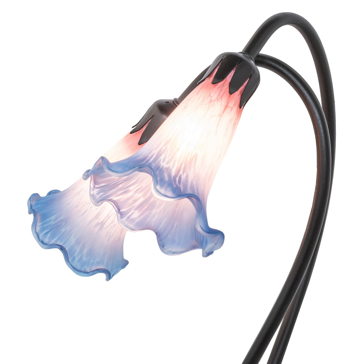 close-up of pink and blue pond lily lamp glass shades.