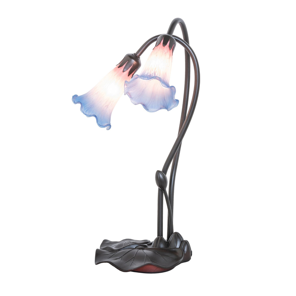 side angle of pink and blue pond lily accent lamp detailing stem