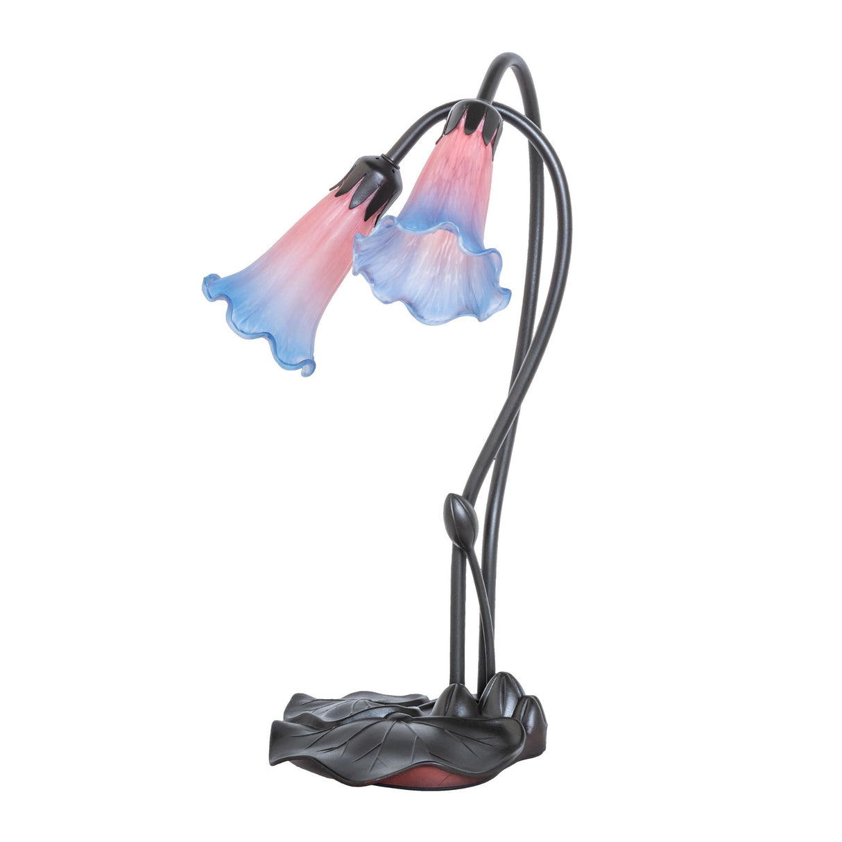 unlit view of pink and blue pond lily accent lamp.