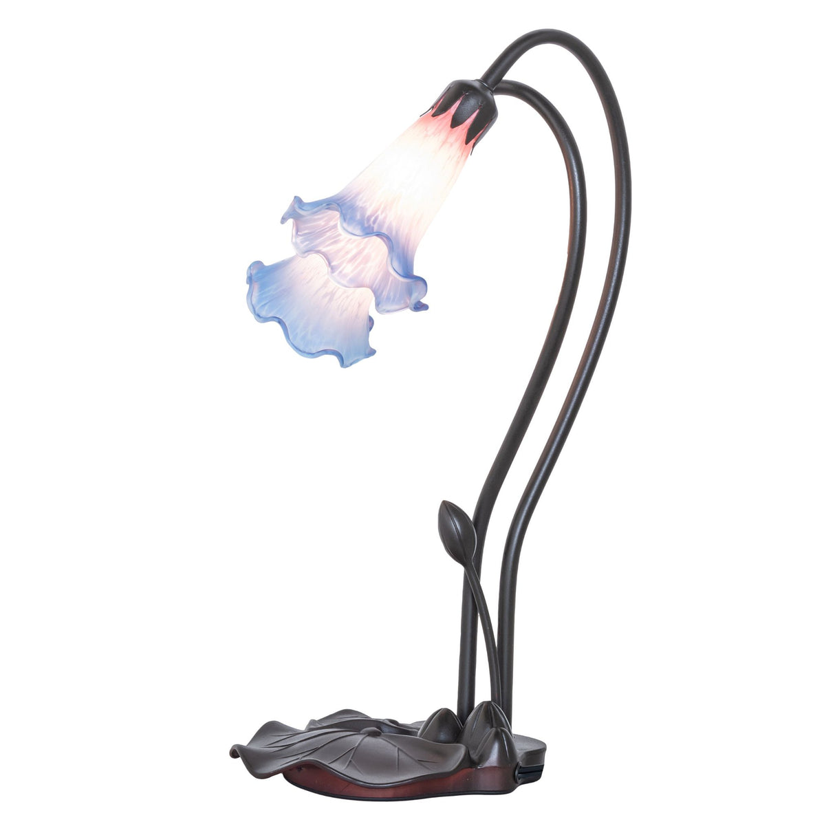 Side view of illuminated pink and blue lily lamp.