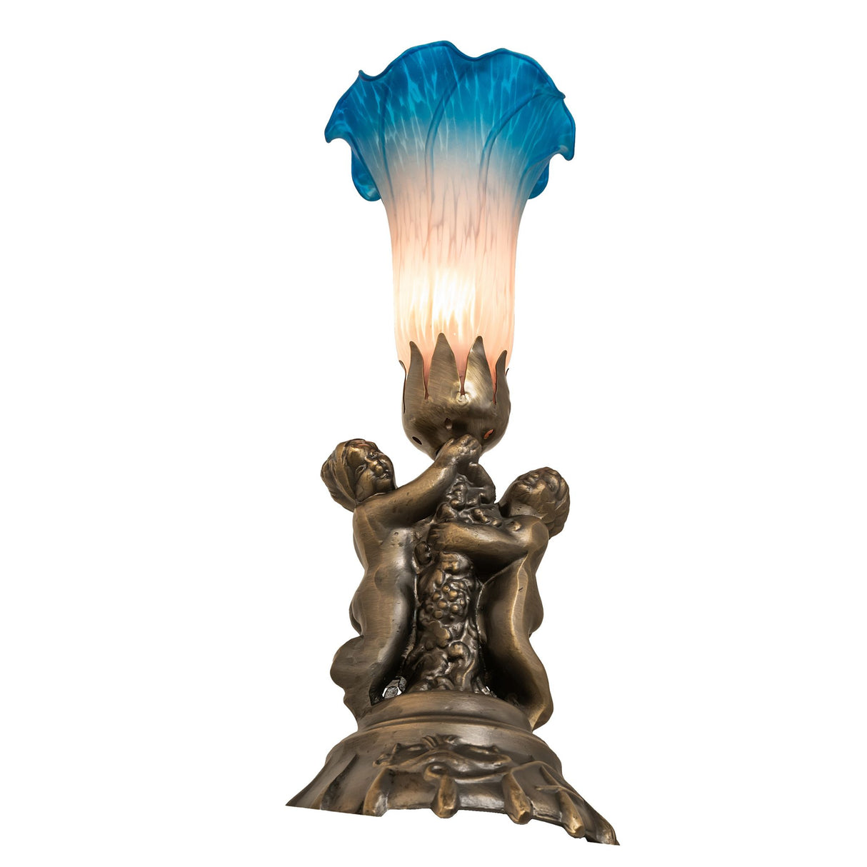 Angled view of the Pink and Blue Tiffany Cherub Lamp showcasing its intricate details.