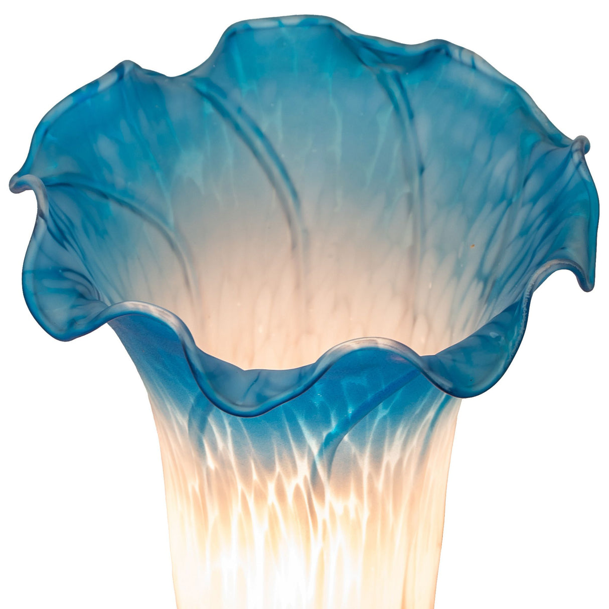 Close-up of the Pink and Blue Tiffany Cherub Lamp’s handcrafted glass shade.