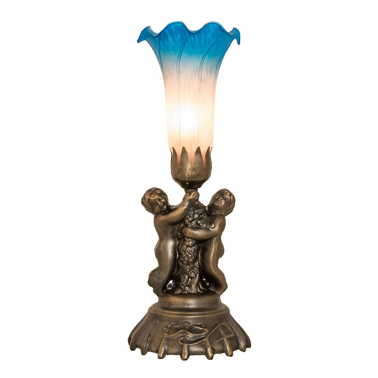 Front view featuring twin cherubs with an antique brass base and a Favrile-style glass shade.
