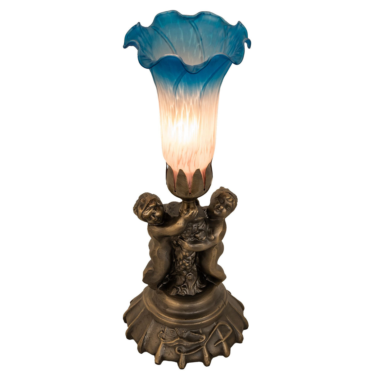 Lit view of the Pink and Blue Tiffany Cherub Lamp with glowing shade.