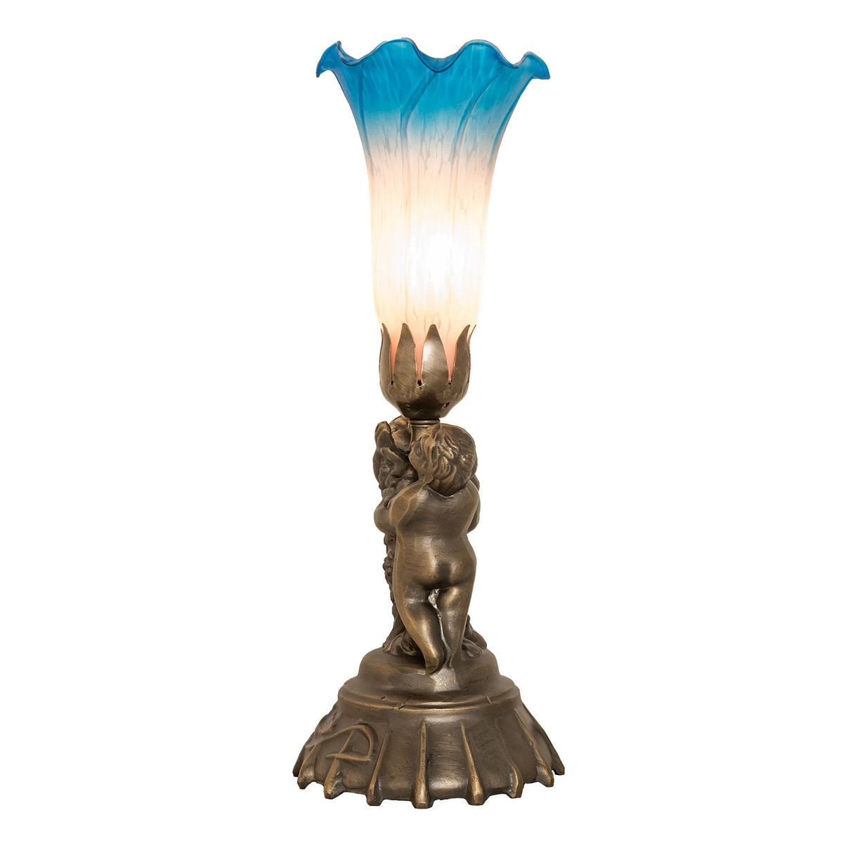 Side view of the Pink and Blue Tiffany Cherub Lamp with delicate flared glass.