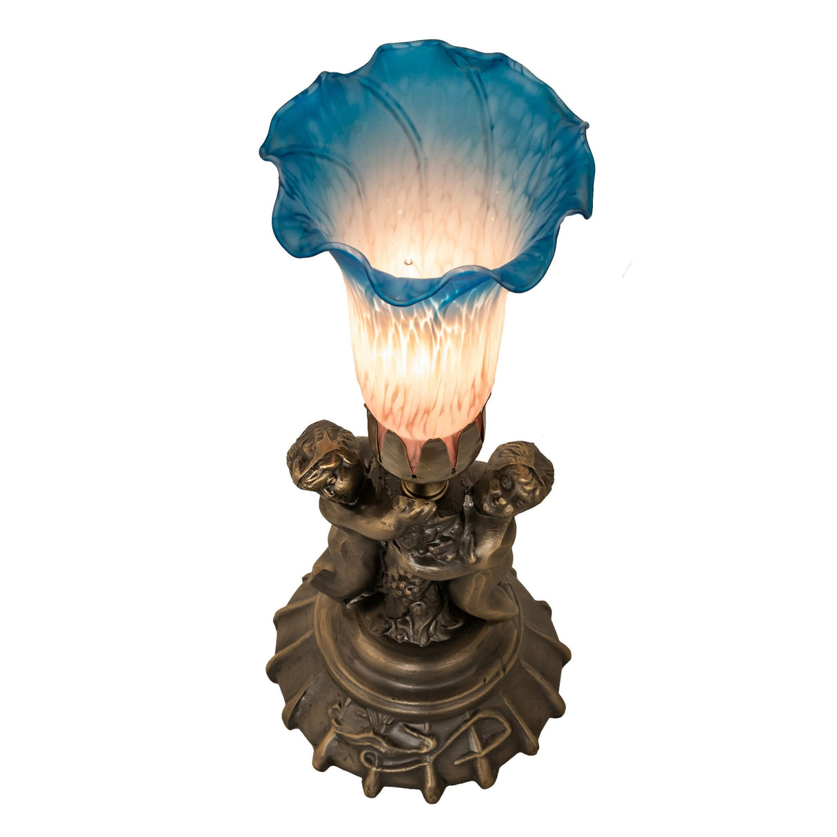 Top view of the Pink and Blue Tiffany Cherub Lamp showing its elegant shape.