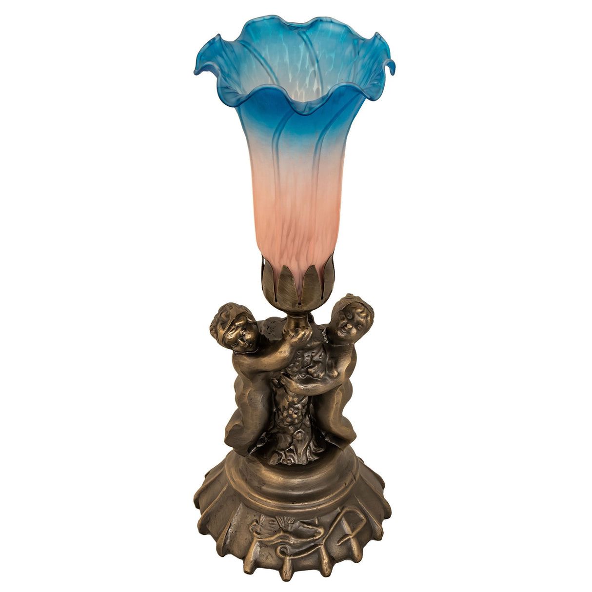 Unlit view of the Pink and Blue Tiffany Cherub Lamp with antique brass cherub base.