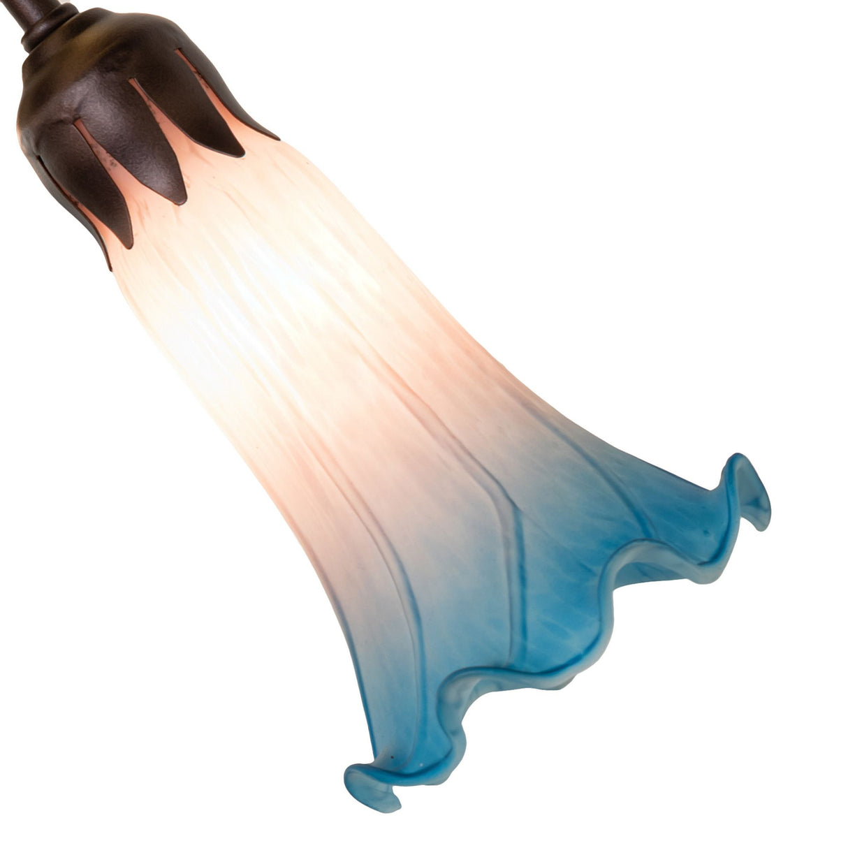Closeup of pink and blue lily glass shades with bronze finish.