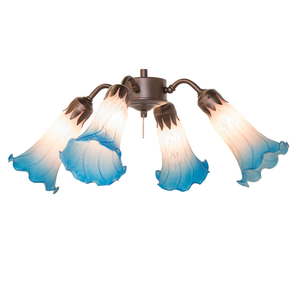 Tiffany pond lily fan light with pink and blue glass shades.