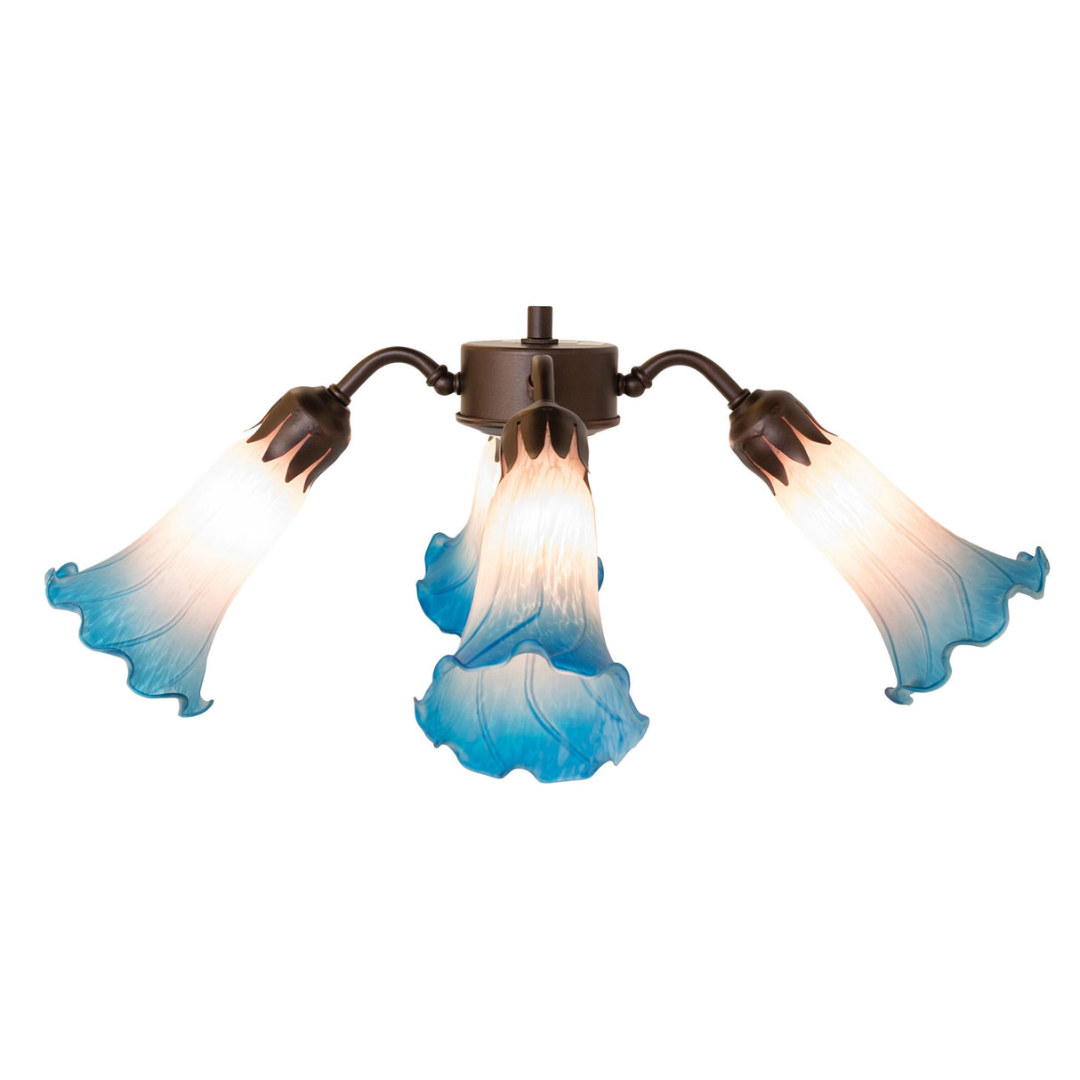Side view of Tiffany pond lily fan light with pink and blue shades.