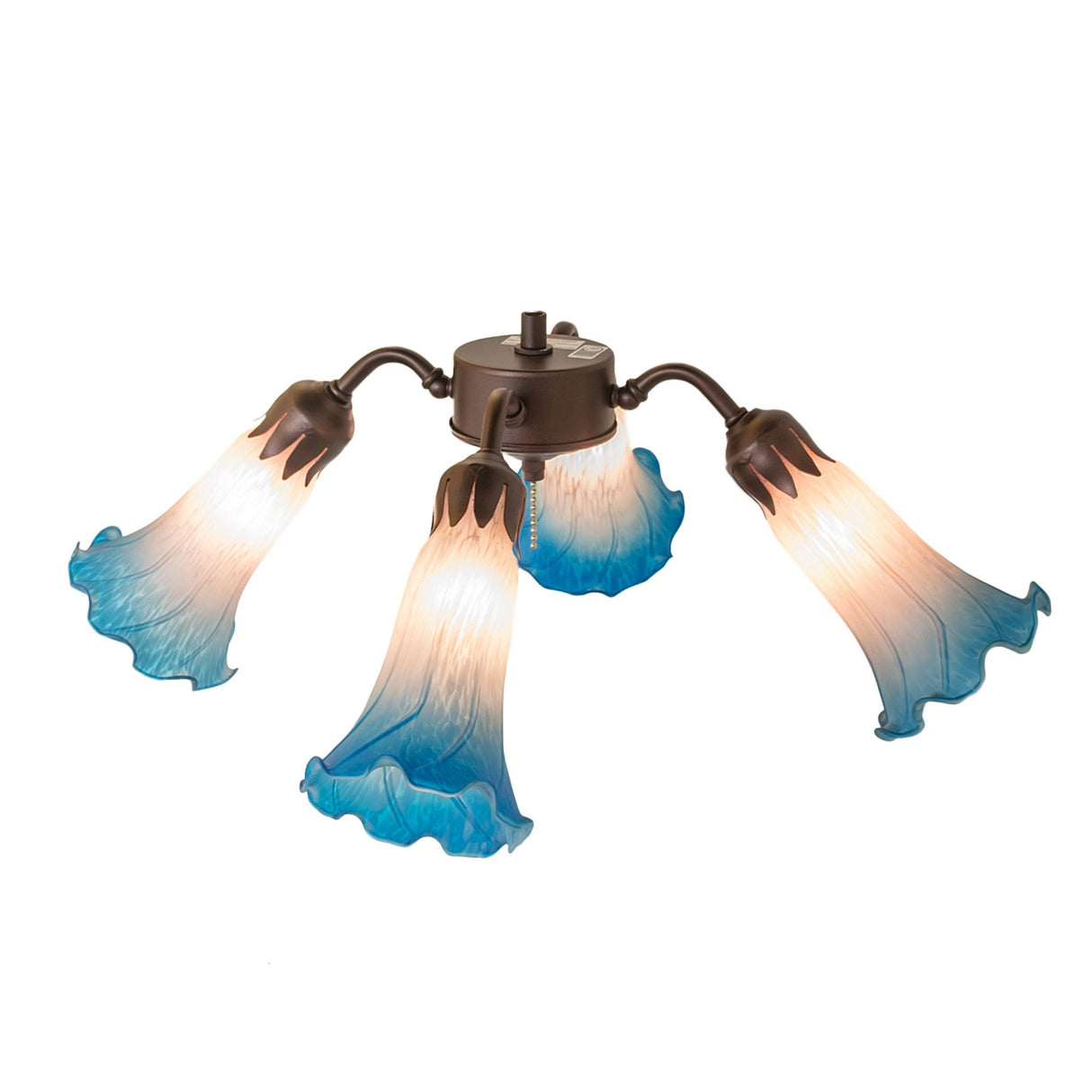 Top view of fan light with bronze floral-styled hub and glass.