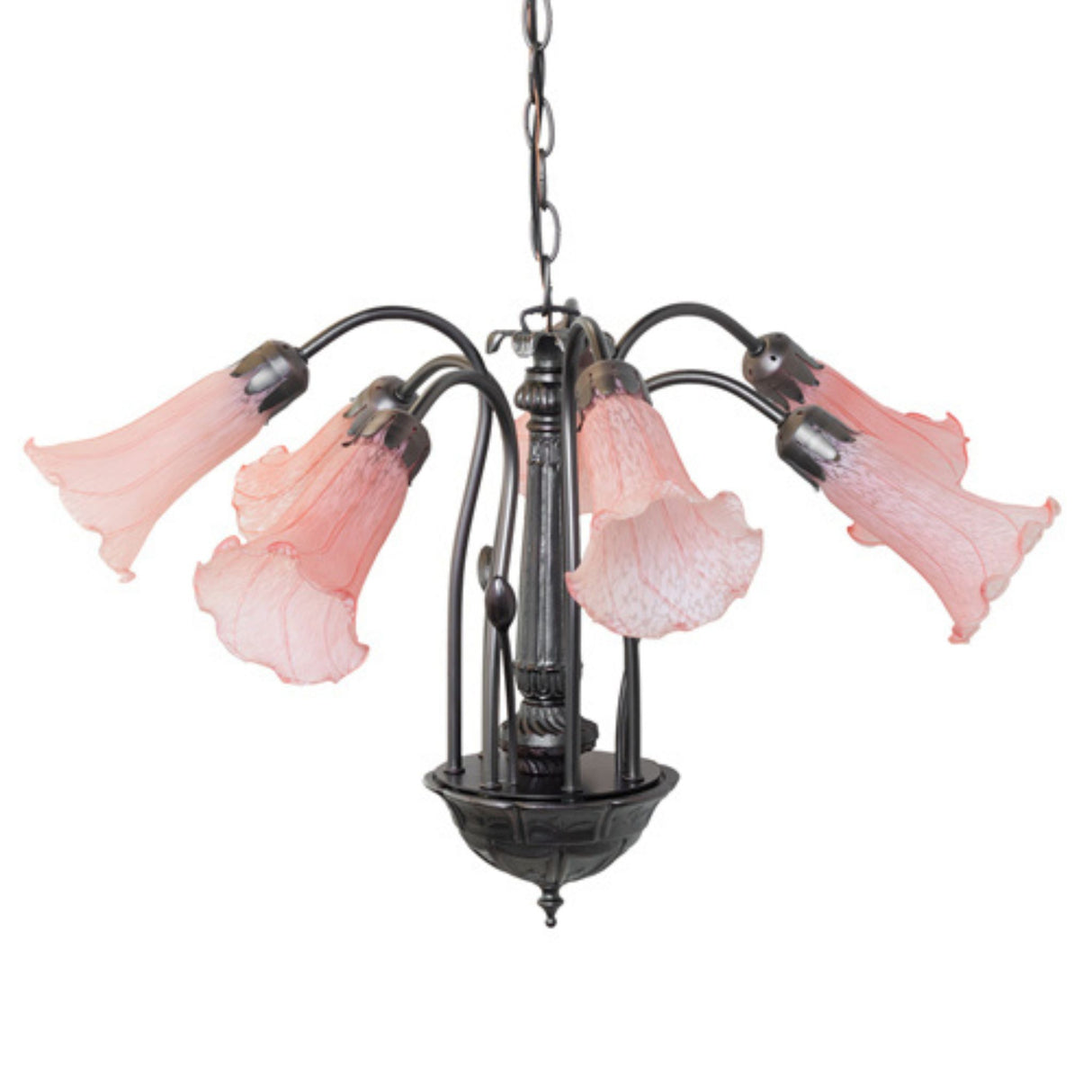Pink glass lily chandelier with turned-off lights.