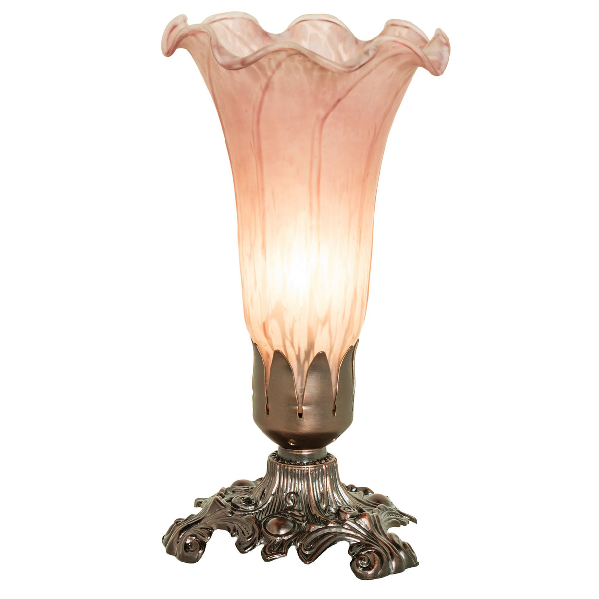 Illuminated Pink Pond Lily Victorian Accent Lamp with a Mahogany Bronze base.