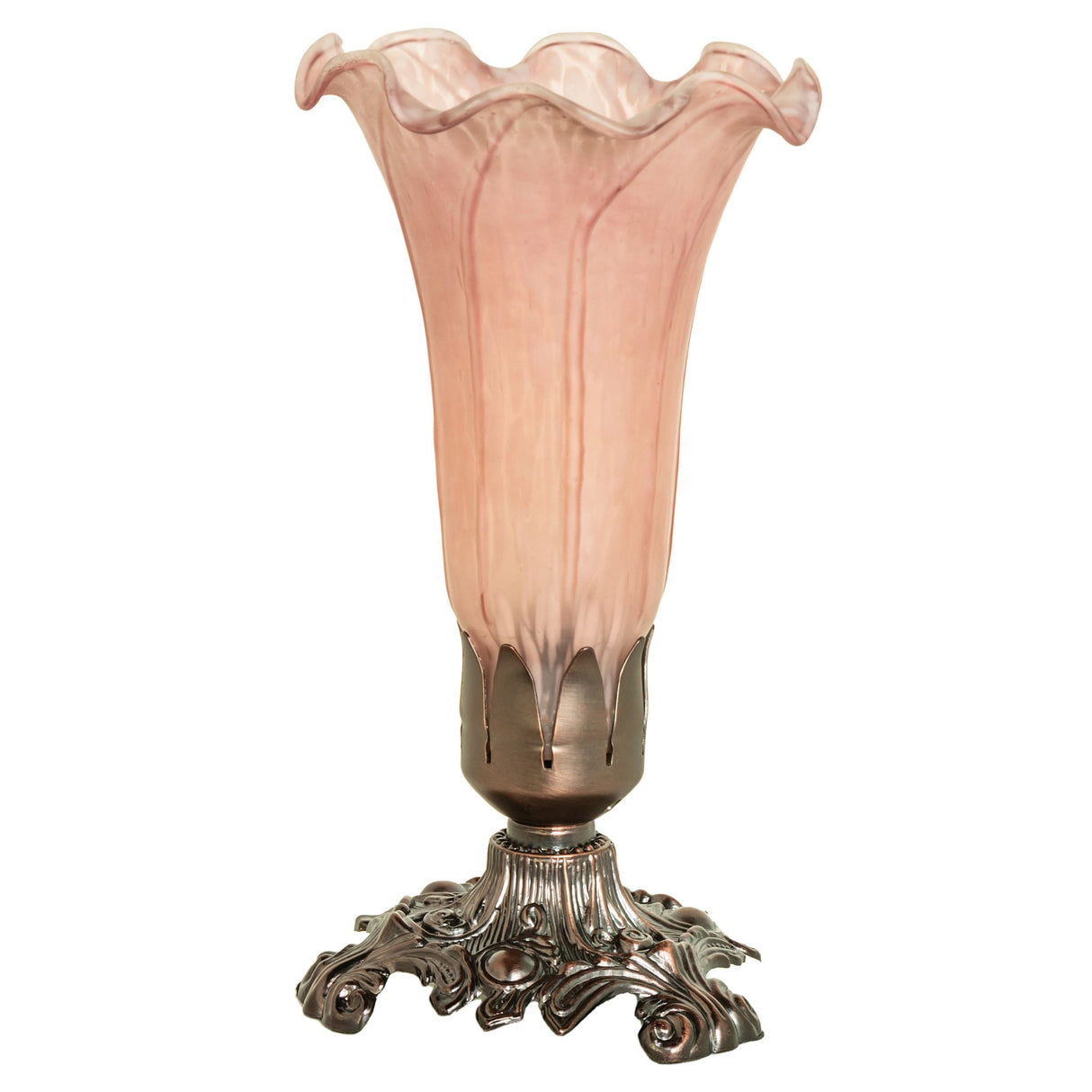Unlit Pink Pond Lily Victorian Accent Lamp showcasing its soft petal pink glass shade.