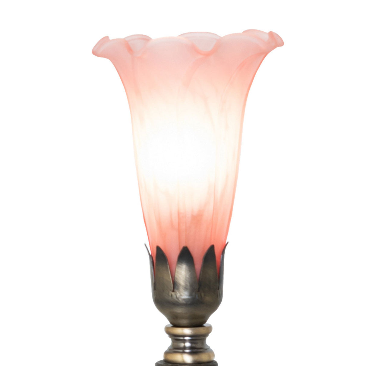 Close-up of pink Favrile-style pond lily glass shade on lamp.
