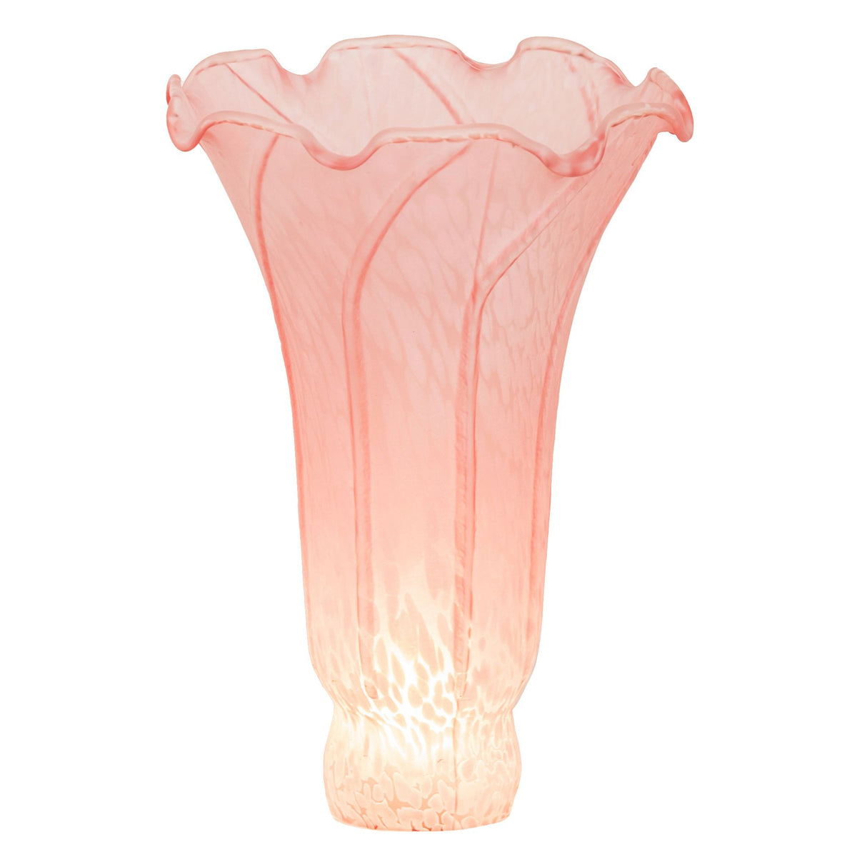 Lit view of pink pond lily glass shade with flared rim.