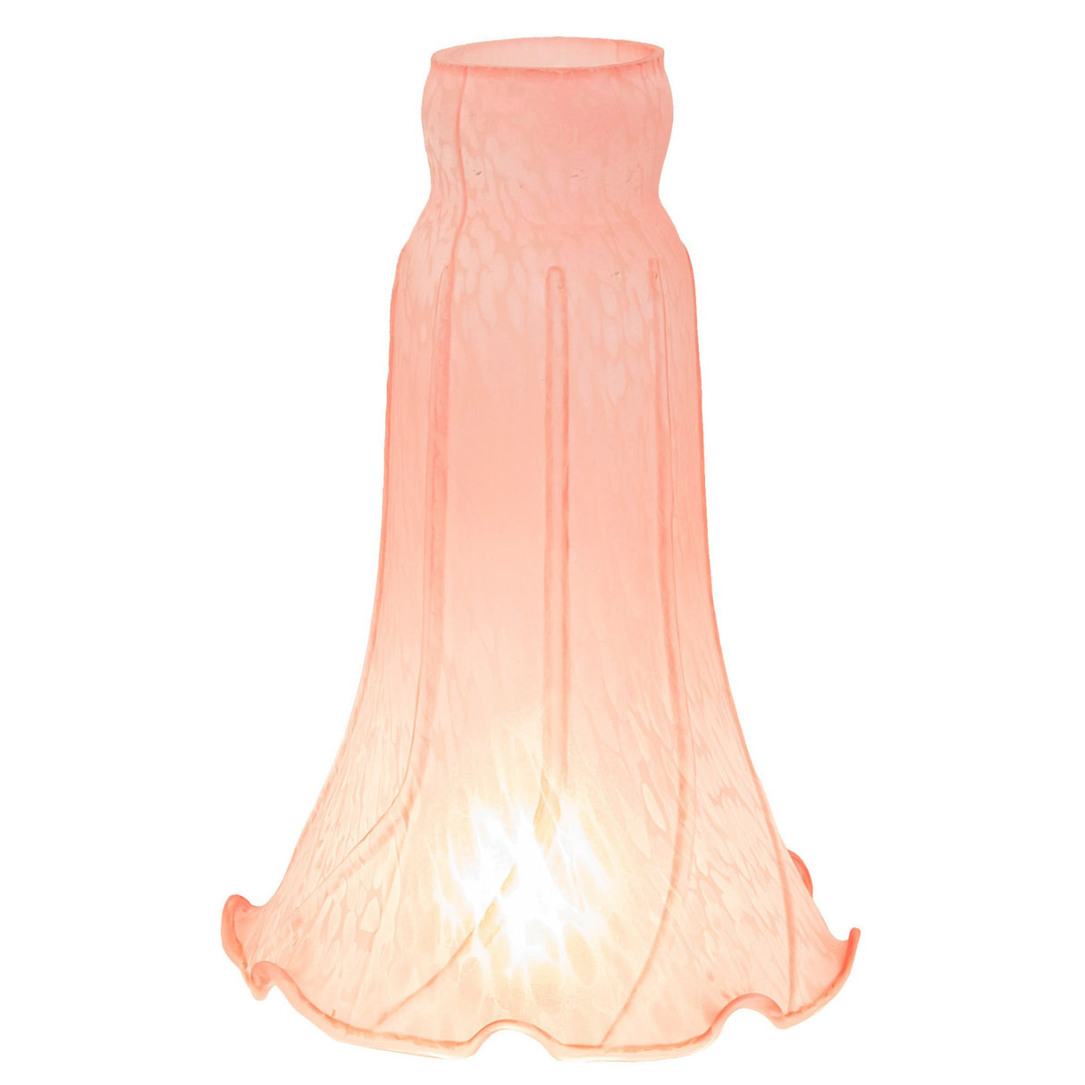 Side view of lit pink pond lily glass shade with flared ruffle.