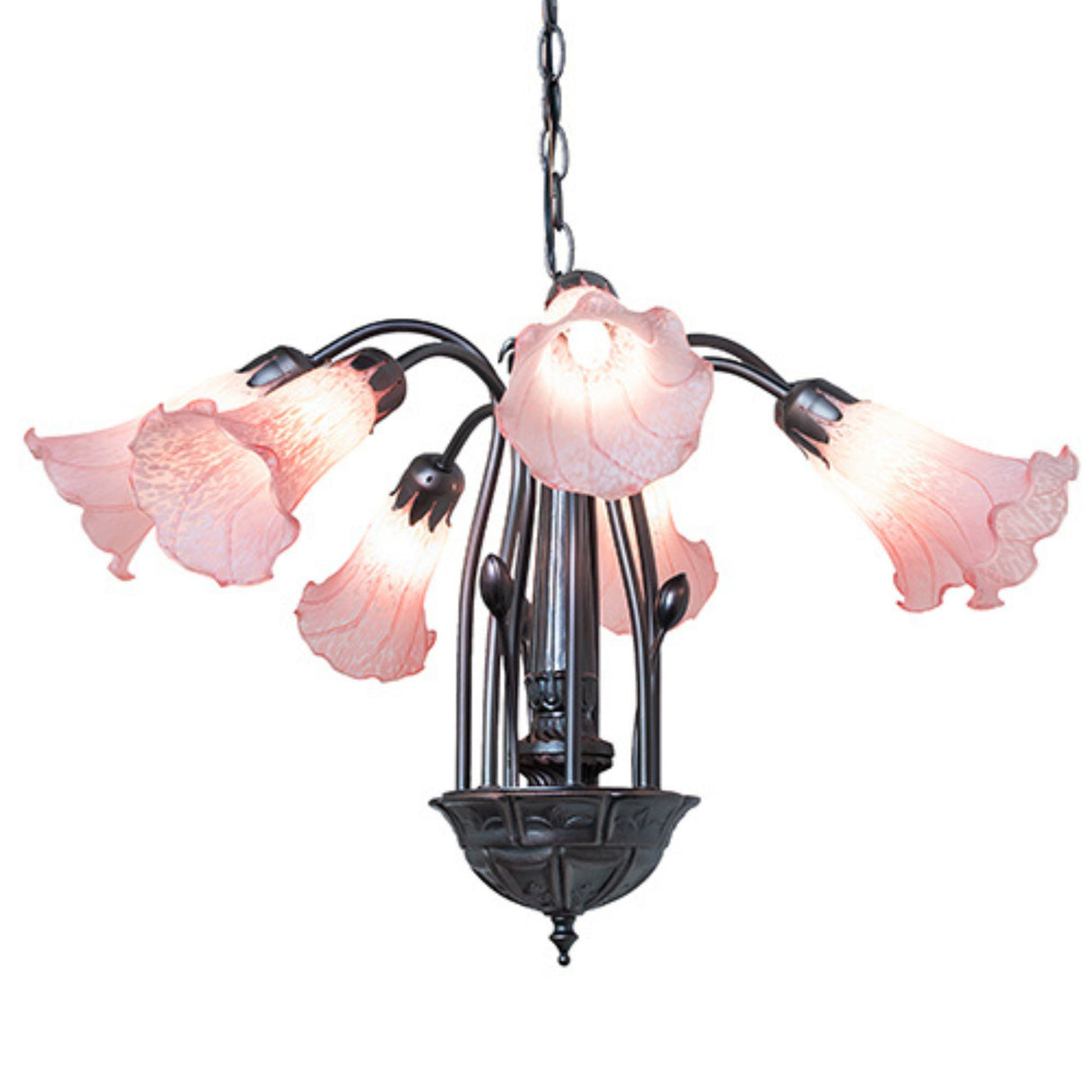 Close-up view of pink lily chandelier with illuminated shades.