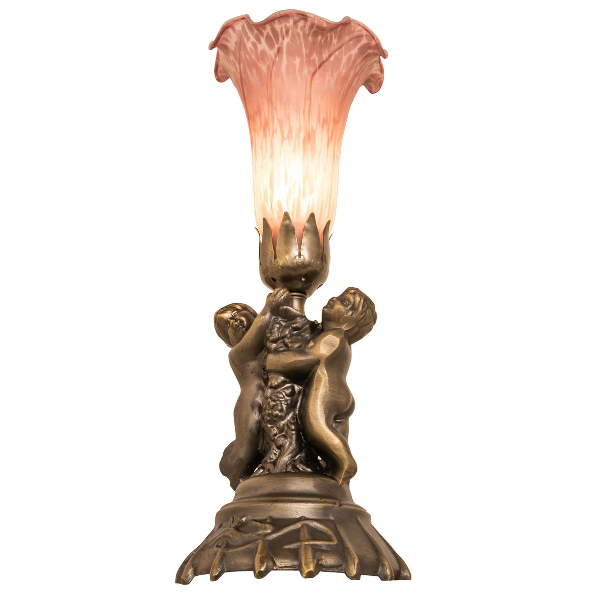Bottom angle view of pink pond lily twin cherub accent lamp.
