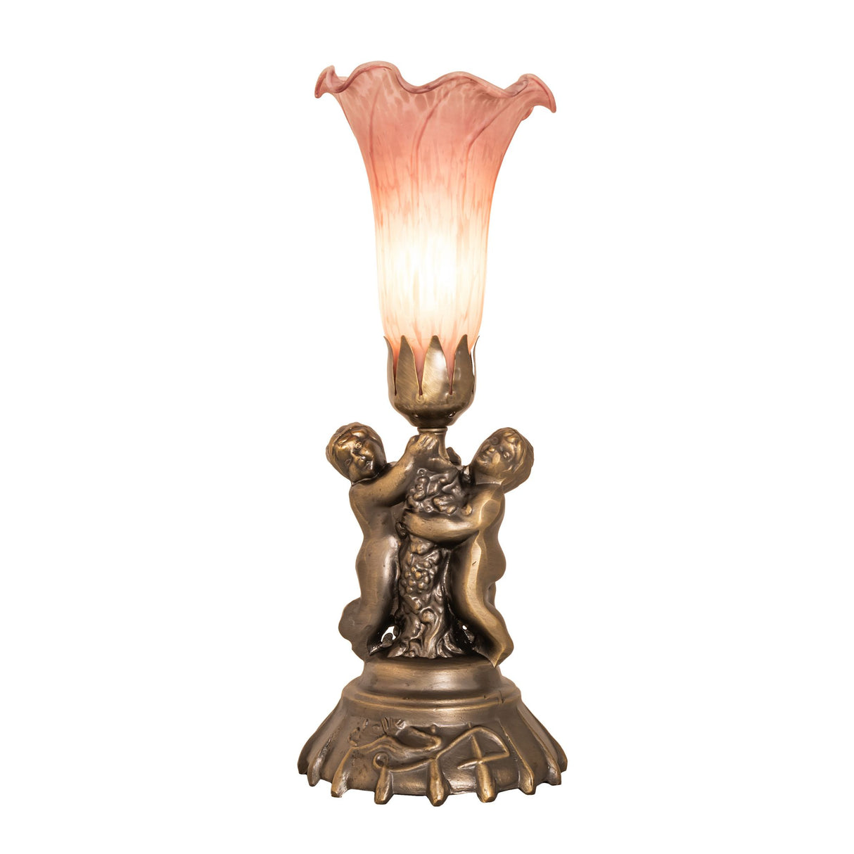 Front view of pink pond lily twin cherub accent lamp lit.