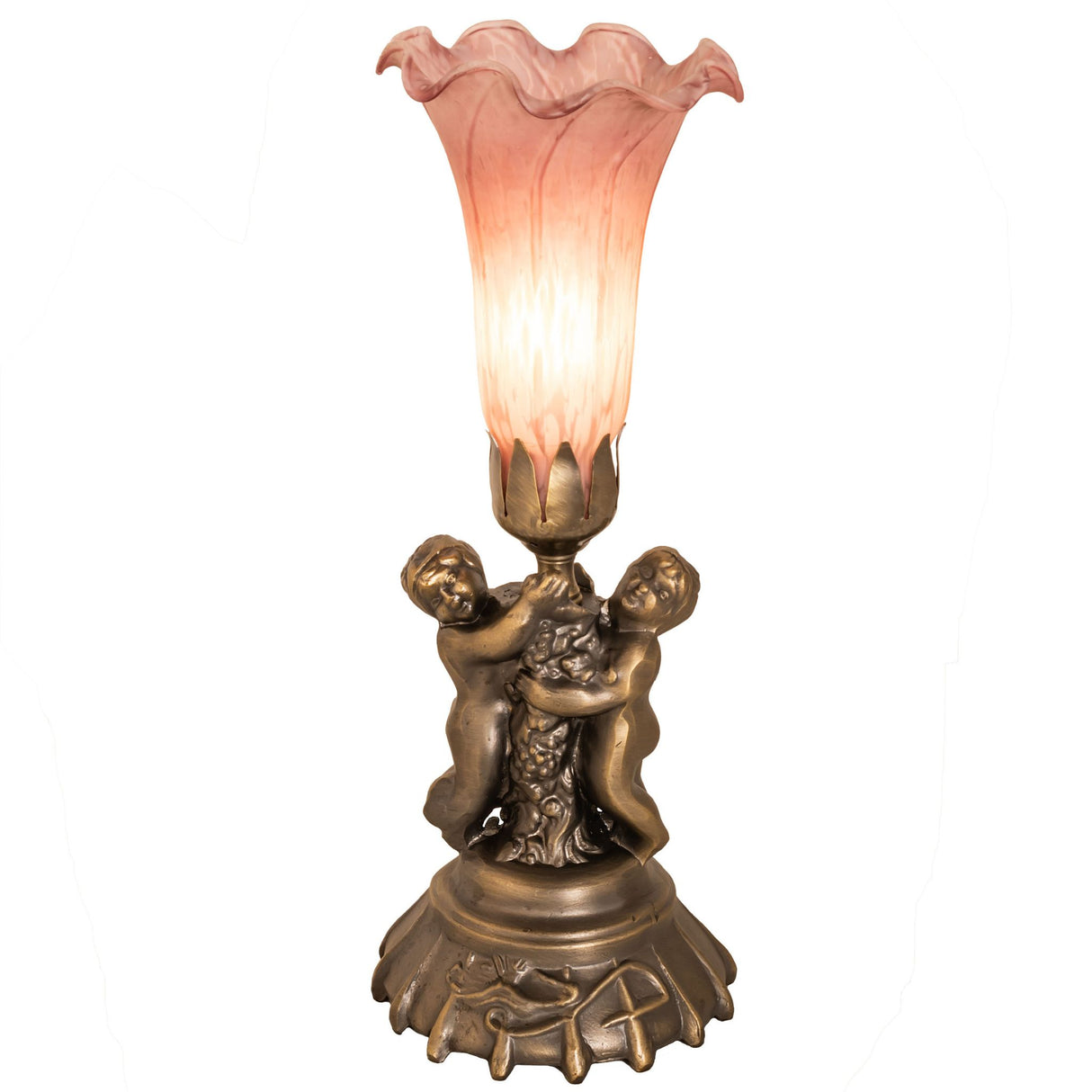 Lit view of pink pond lily cherub lamp with glowing art glass shade.