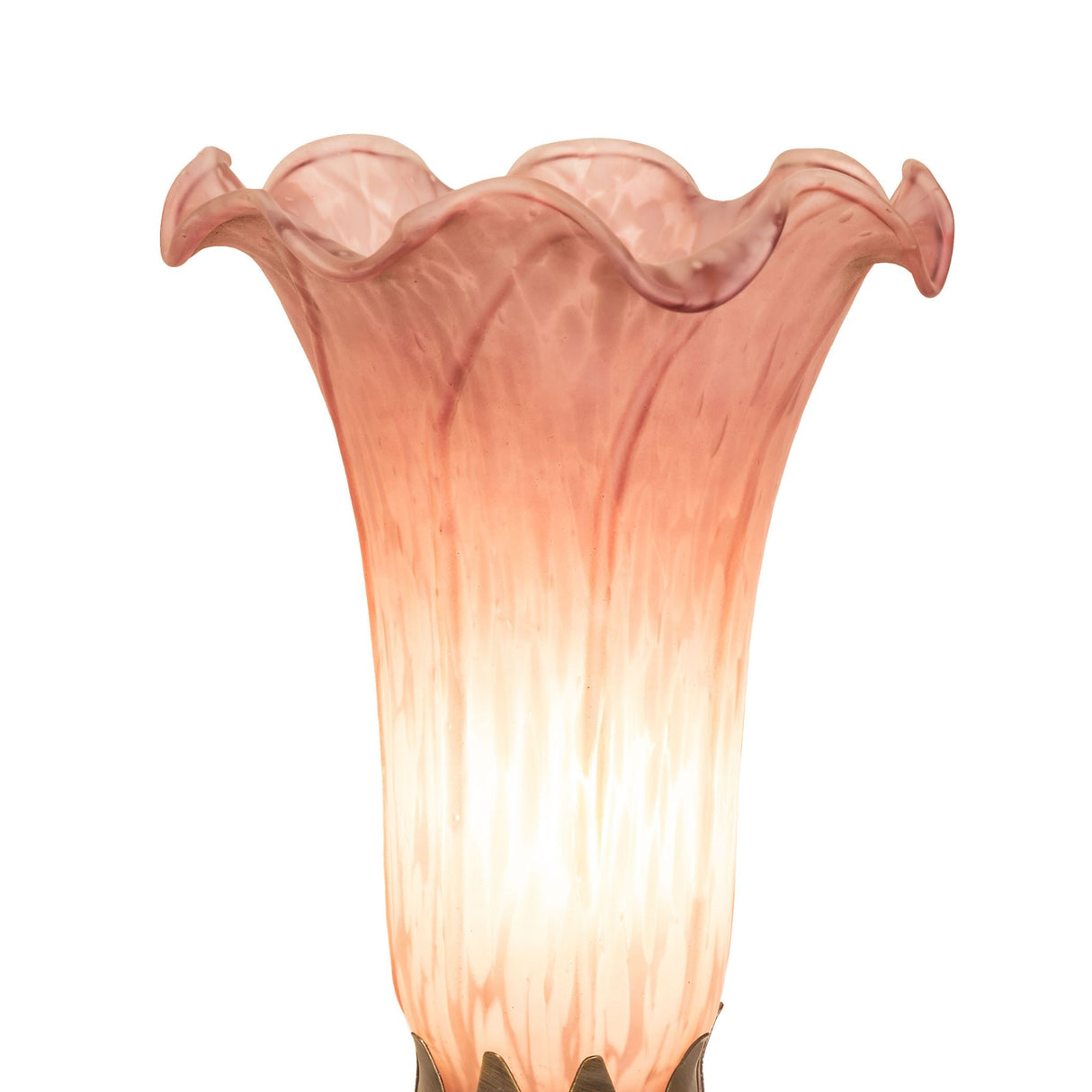 Close-up of illuminated pink lily shade with rippled edge.