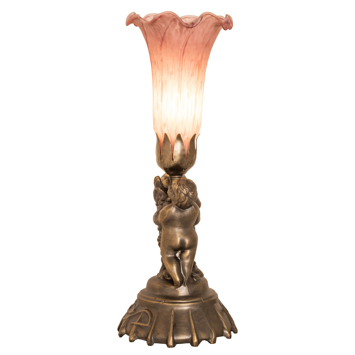 Side view of pink pond lily twin cherub accent lamp illuminated.
