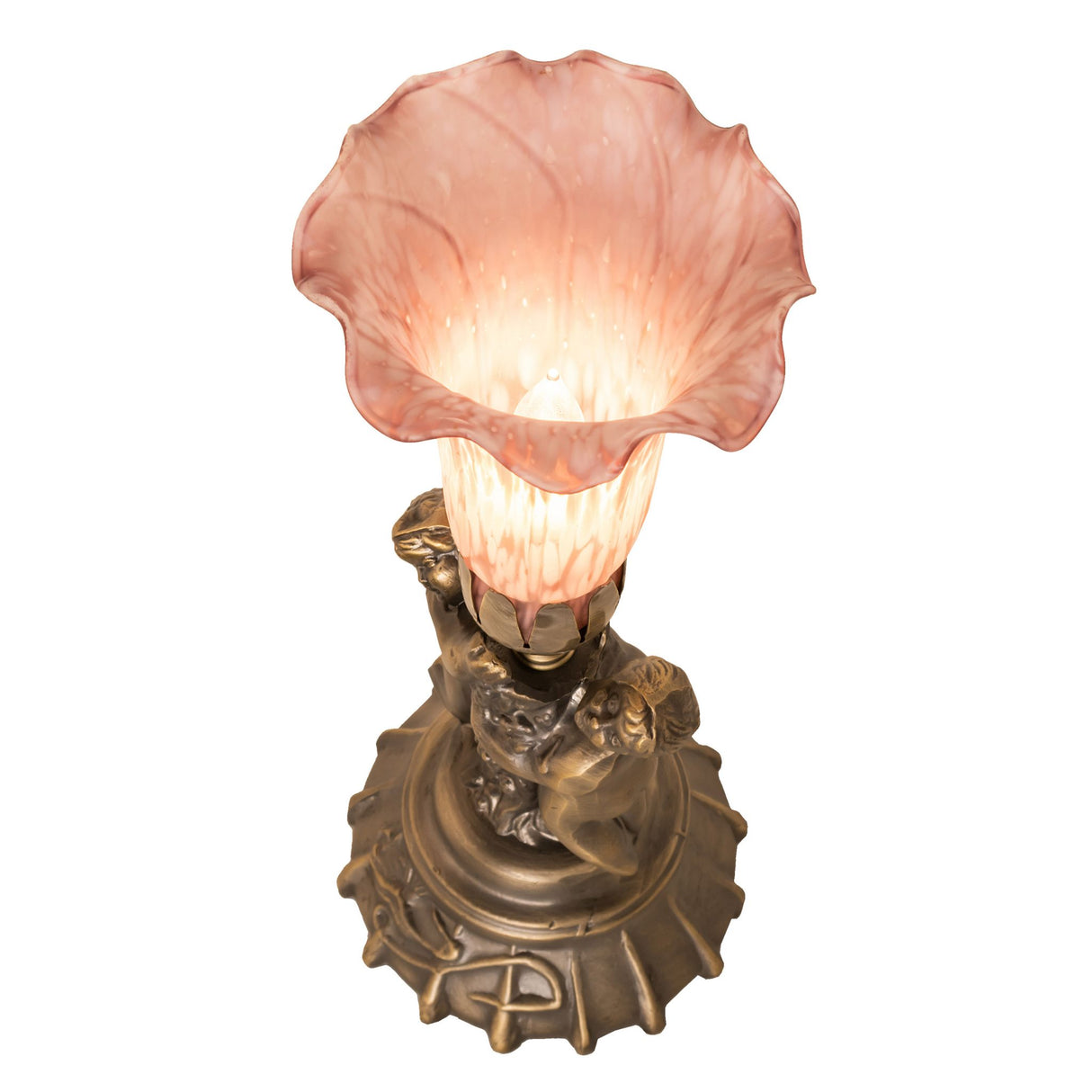 Top-down view of ruffled pink lily shade on cherub base.