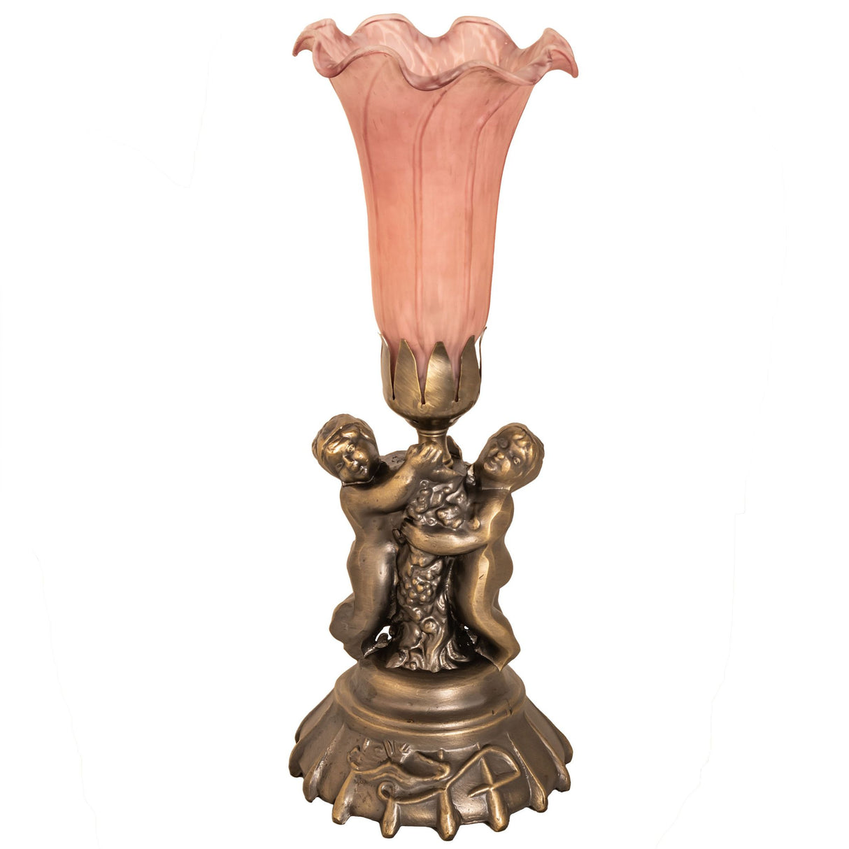 Unlit view of Tiffany-style cherub lamp with pink glass shade.