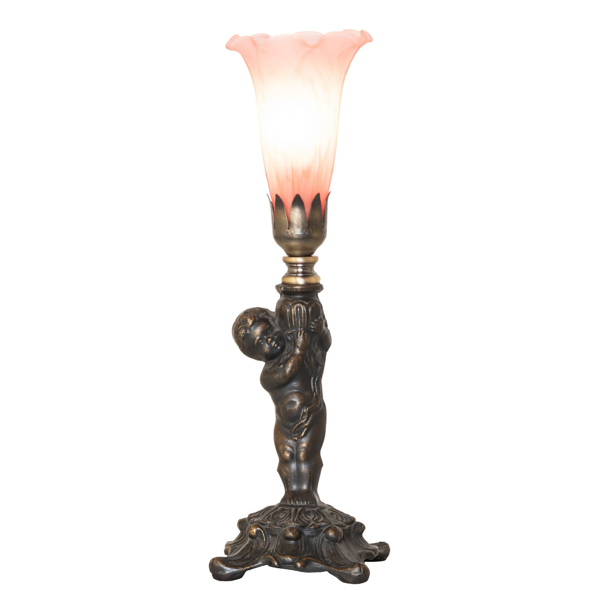 Lit view of pink Tiffany cherub mini lamp with pink lily glass shade.