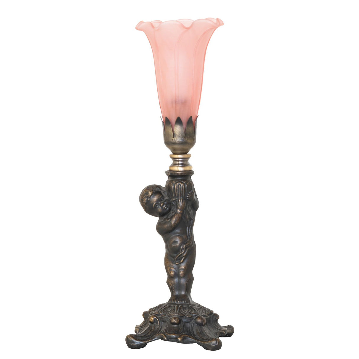 Unlit view of Pink Tiffany cherub mini lamp with Favrile-style shade.