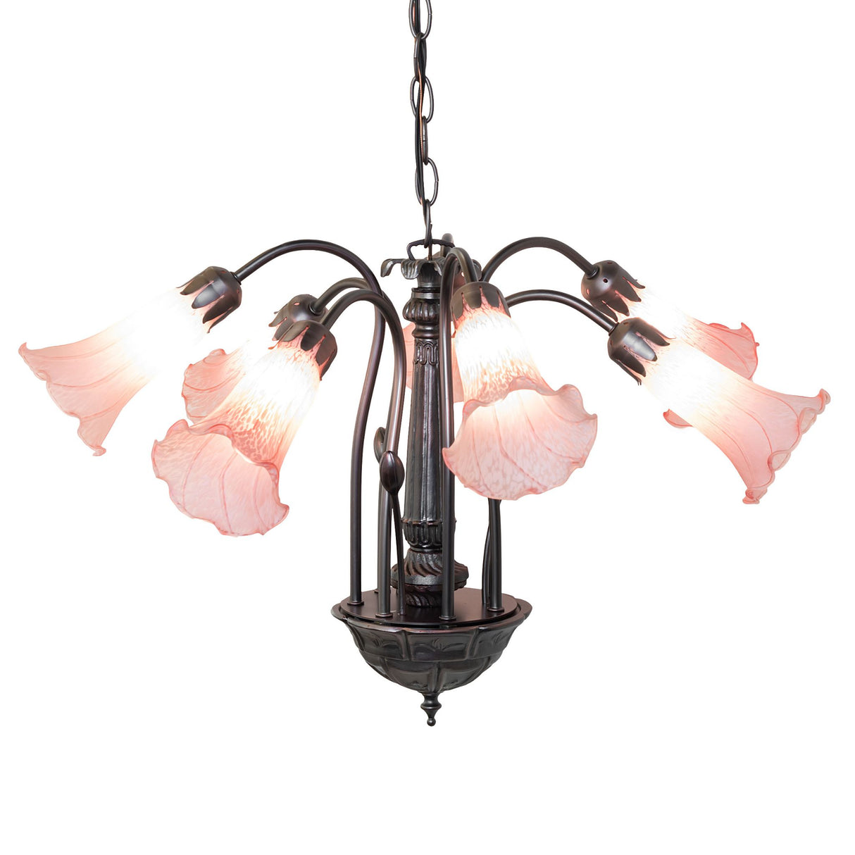 Pink Tiffany-style pond lily chandelier with seven light fixtures and a bronze-finish frame.