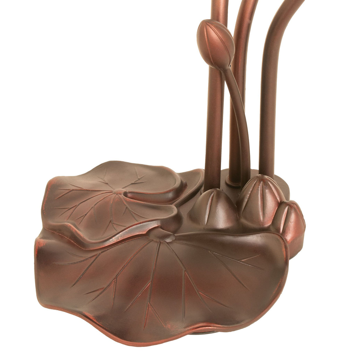 closeup view of lily pad base on pink tiffany pond lily accent lamp in mahogany bronze finish.