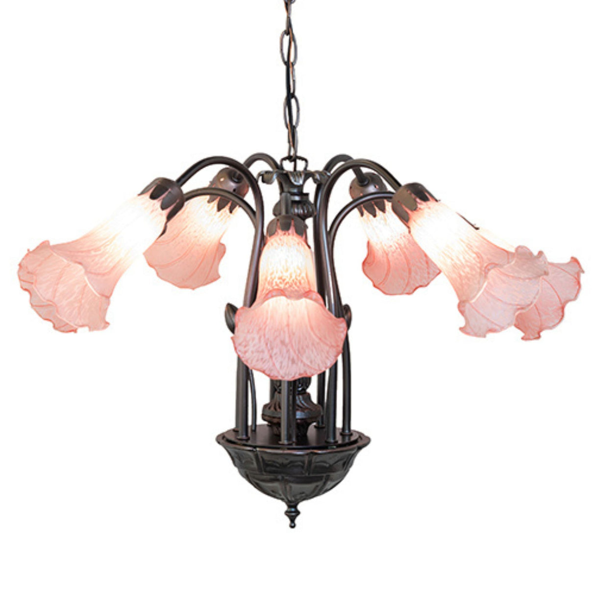 Pink Tiffany chandelier with seven glowing lily-shaped shades.