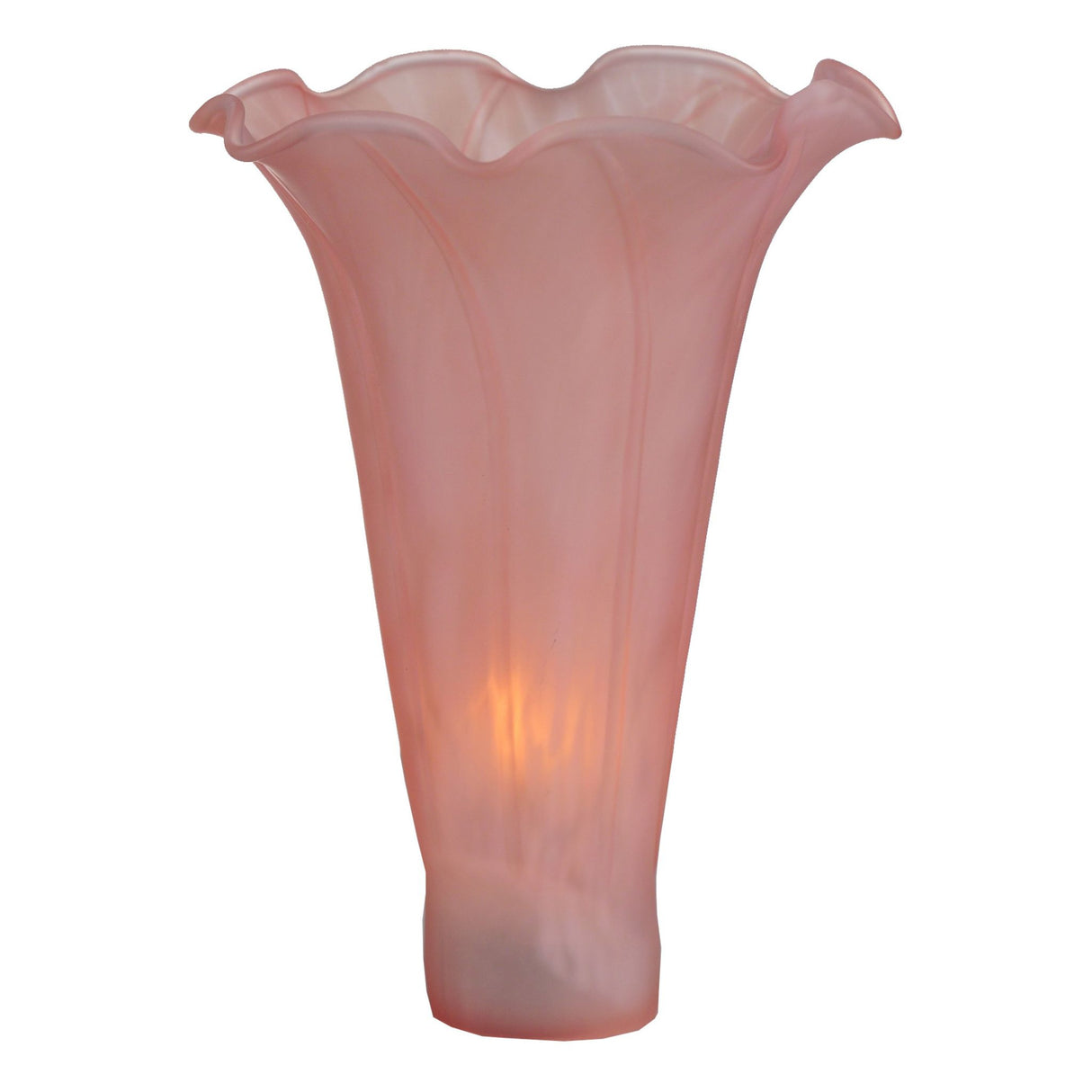 Lit pink Tiffany-style pond lily glass shade with scalloped edge.