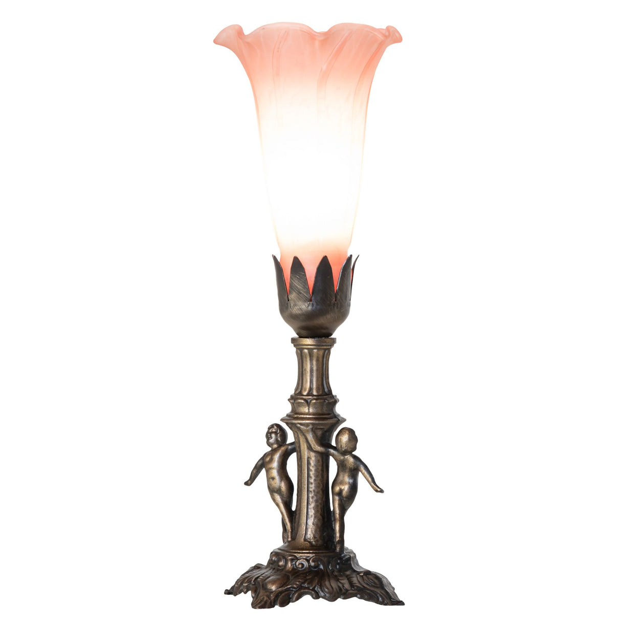Lit view of the Pink Tiffany Pond Lily Maidens Mini Lamp with an elegant antique brass base.