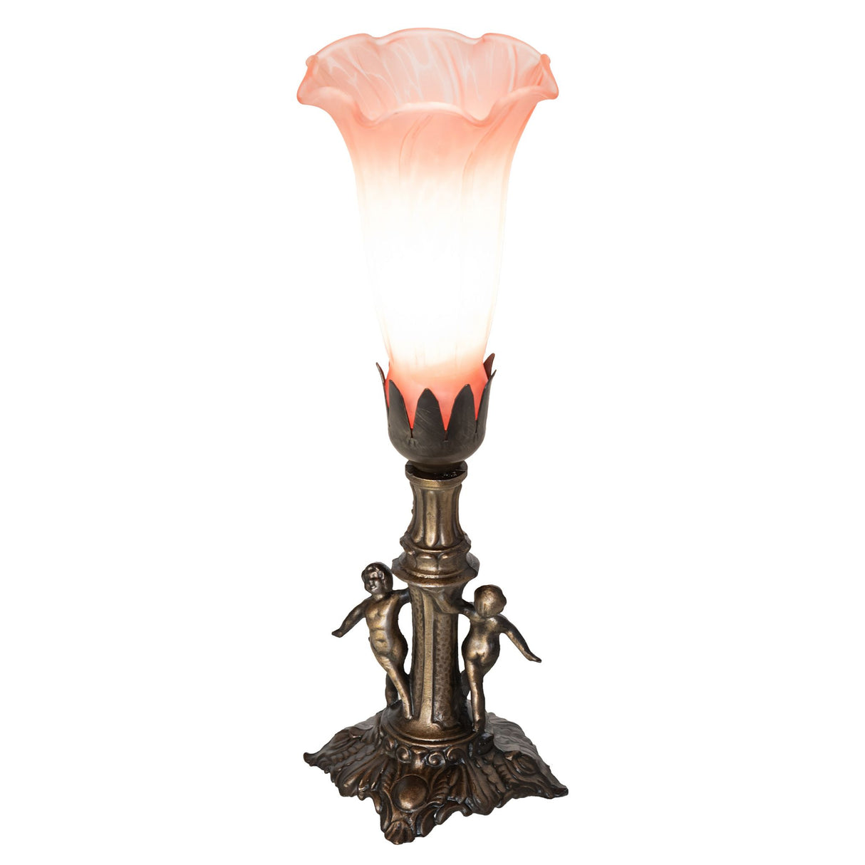 Angled top view of the Pond Lily Maidens Mini Lamp highlighting its hand-blown glass shade.