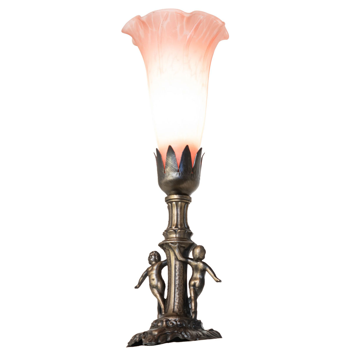 Bottom angle view of the Pond Lily Maidens Mini Lamp, capturing the base and upward lighting effect.
