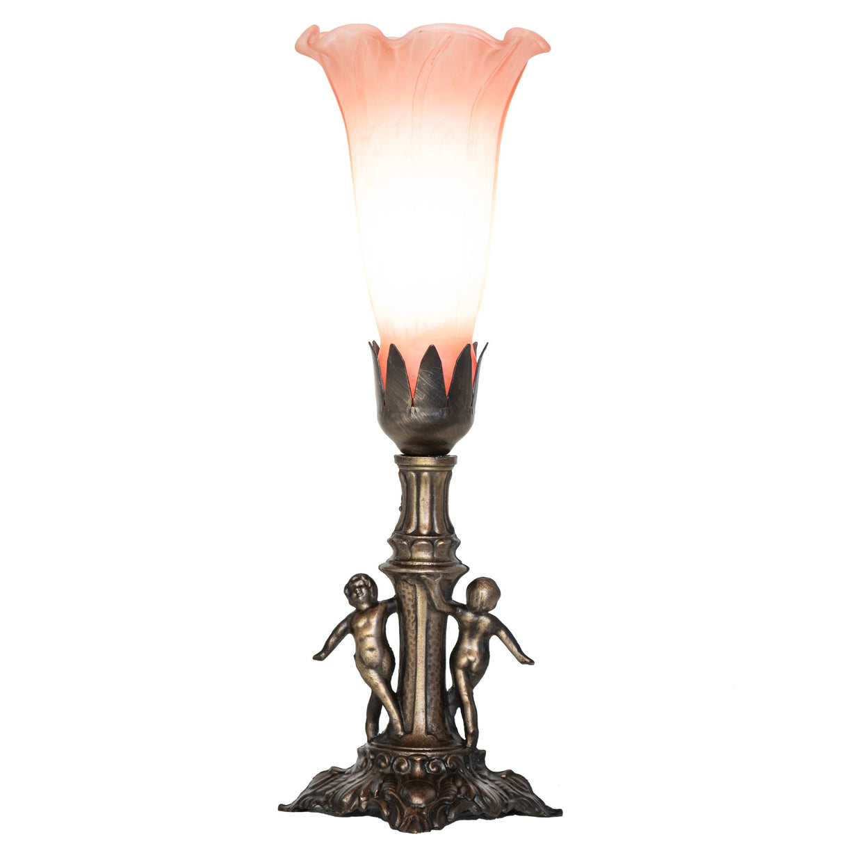 Side perspective of the Pond Lily Maidens Mini Lamp, showcasing its intricate antique brass base.