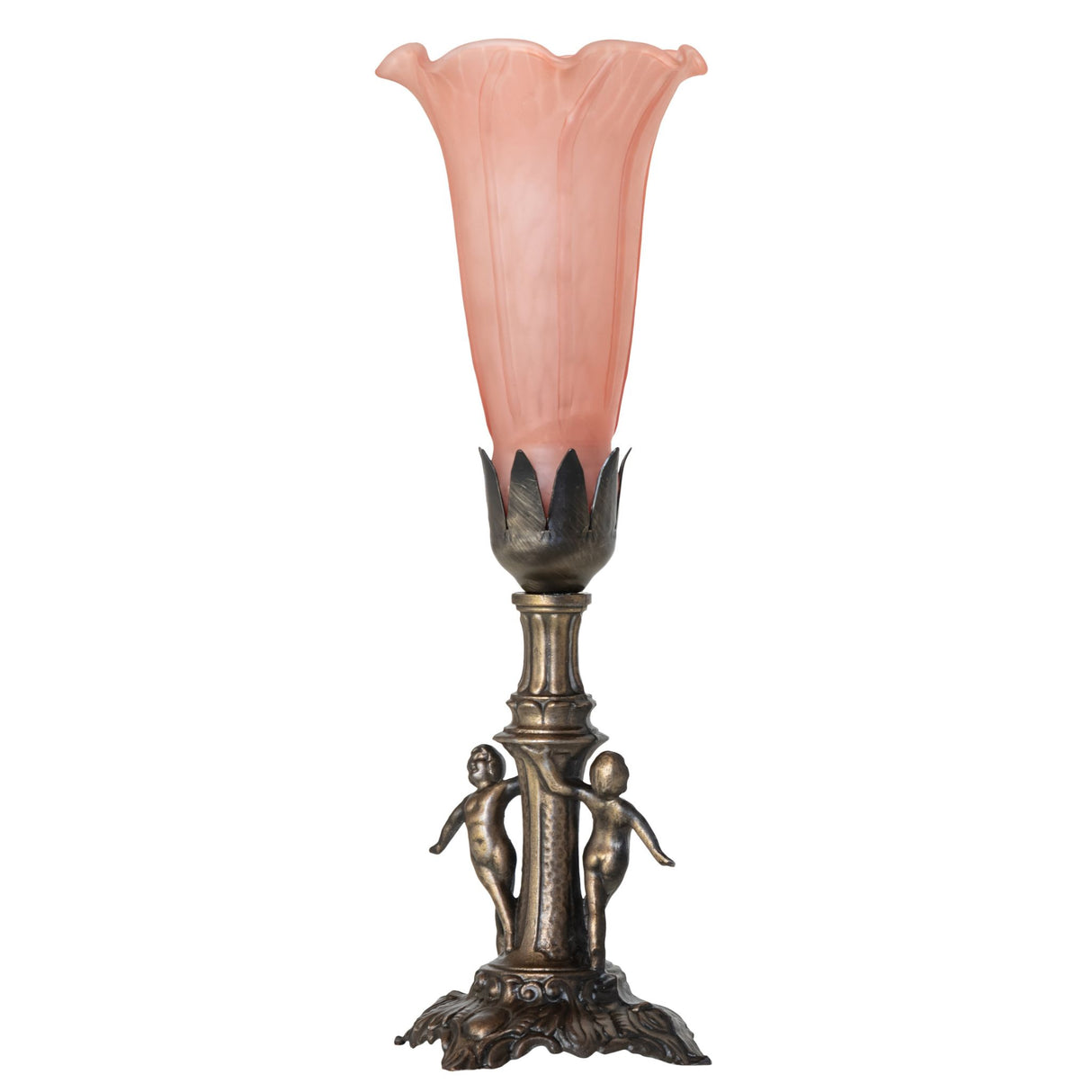 Unlit view of the Pink Tiffany Pond Lily Maidens Mini Lamp featuring a soft pink glass shade.