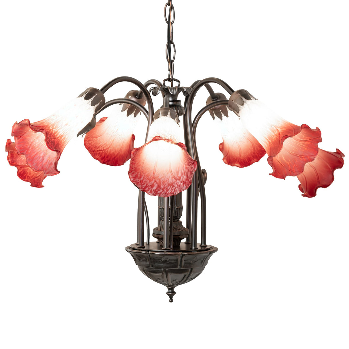 Pink and white lily-shaped chandelier in close-up view.