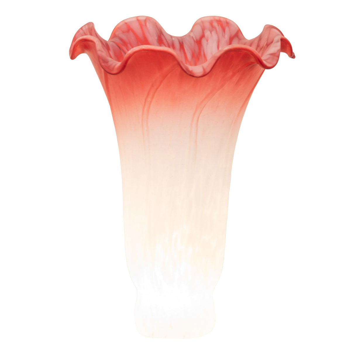 Lit pink and white pond lily glass shade with ruffled edge.