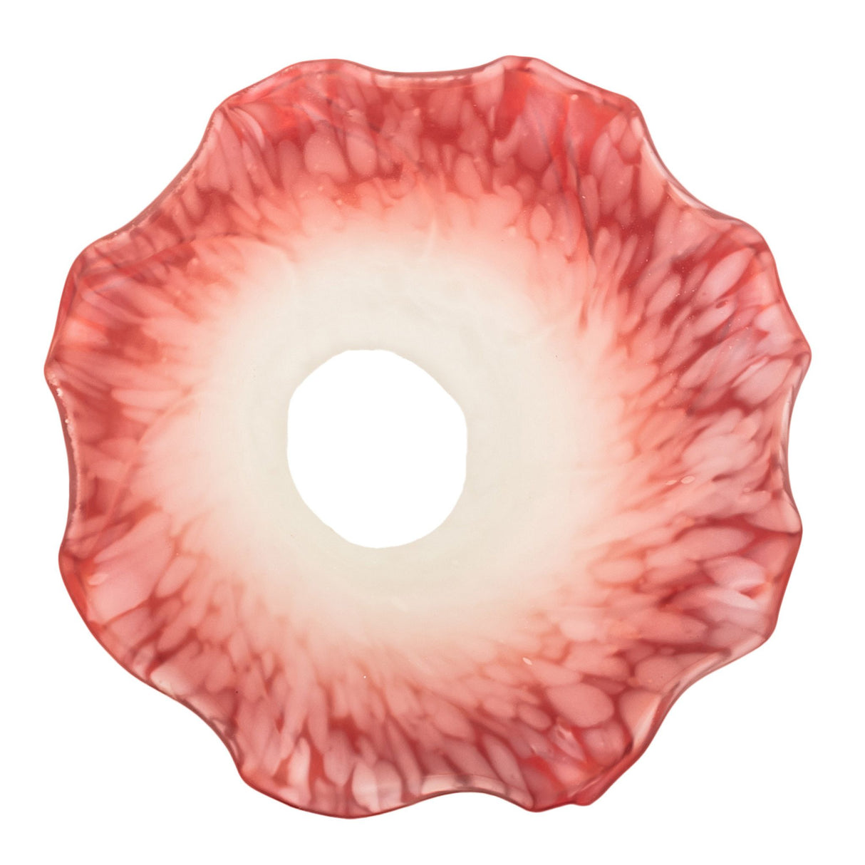 Top view of ruffled pink and white pond lily shade with wide opening.